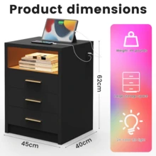 OYAJIA High Gloss Bedside Table With LED Light & Charging Station, 2/3 Drawers Sofa Side Table With 2 USB Ports, Modern Nightstand With Compact Storage For Bedroom, Living Room - Black - View 3