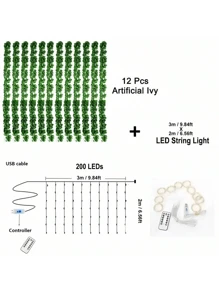 1pc/12pcs Artificial Ivy Vines With Fairy Lights, Suitable For Room Decor, Curtain Decor, Wall, Bedroom, Wedding, Birthday Party Decoration Gifts Graduation,Fake Plants