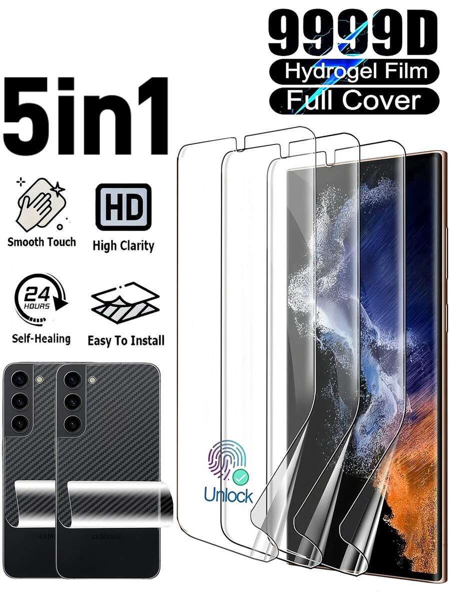 3Pcs HD Full Cover Hydrogel Film Compatible With Iphone/Compatible With Samsung Galaxy/Easy To Stick And Scratch Resistant Smooth And Smooth Touch, Scratch Resistant, Dust-Free, Waterproof, Fingerprint Resistant Automatically Repair Scratches Shell Friendly Screen Protector Film With 2pcs Carbon Fiber Protective Back Soft Film(NOT Glass)