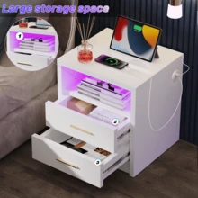 OYAJIA High Gloss Bedside Table With LED Light & Charging Station, 2/3 Drawers Sofa Side Table With 2 USB Ports, Modern Nightstand With Compact Storage For Bedroom, Living Room - White - View 7