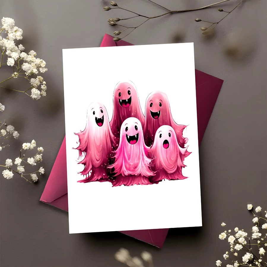 1 张迷人的万圣节卡片，粉色幽灵和紫色灯光 - 适合家人和朋友，高品质纸张
