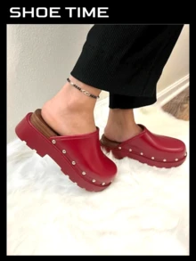Mule Clog Slip On Platform Closed Toe Sandals - Red - View 2