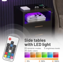 OYAJIA High Gloss Bedside Table With LED Light & Charging Station, 2/3 Drawers Sofa Side Table With 2 USB Ports, Modern Nightstand With Compact Storage For Bedroom, Living Room - Black - View 5