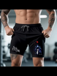 Unisex Anime Print 3 In 1 Beach Shorts,Versatile Wear For Weightlifting/Yoga/Running,Gym Clothing Shorts,Classic Mens Pocket Shorts,Shorts Men,Activewear,Casual Athletic Sport Short,High Stretch Sport Short,Quick Dry Swim Trunk,Comfortable Short,Workout Clothes - 黑色 - 查看 2