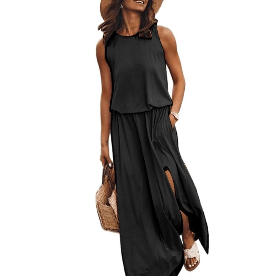Summer Women's Round - Neck Sleeveless Solid - Colored Split - Hem Maxi Dress - Black - View 1