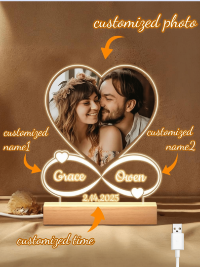 1 pieza Regalo personalizado del Día de San Valentín, Regalos personalizados para pareja, mamá, papá, hija, hijo, esposa, Marco de luz nocturna LED de acrílico con foto, placa, lámpara de escritorio de madera personalizada, Marco de foto personalizado para amigos, familia, Día de la Madre, Día del Padre, Día de San Valentín, Navidad, Aniversario, Regalo de cumpleaños