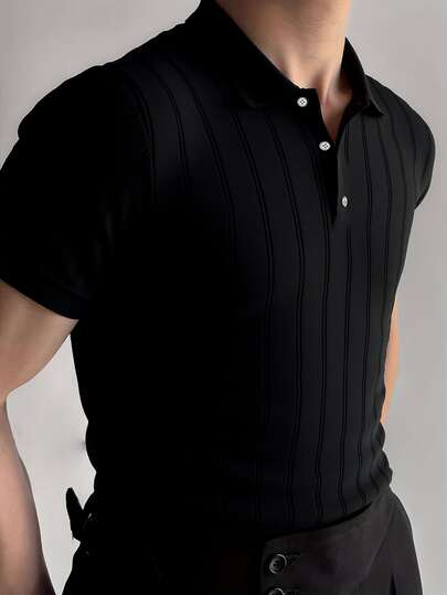 HUODA Men's Ribbed Short Sleeve Polo Neck Knit Top, Suitable For Daily Wear, Outdoor And Commuting