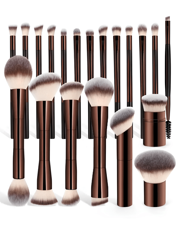 20 piezas Brochas de maquillaje profesionales de tubo de aluminio, brocha doble para iluminación y contorneado, herramientas de maquillaje con fibra suave y amigables con la piel para transportar fácilmente, brochas para viaje, regalo para mujeres y niñas