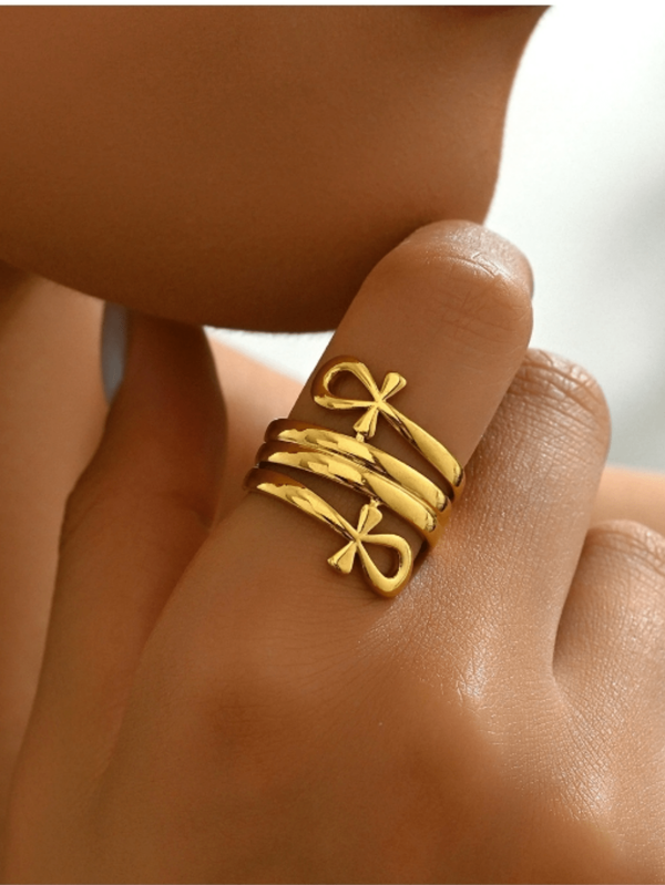 18K Gold Plated Unisex Minimalist Bow Knot Design Double Layer Fashion Couple Rings, Elegant Feel
