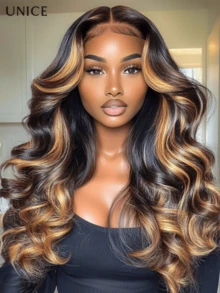 UNice 7x5 Bye-Bye Knots™ Lace Closure & 13x4 Pre-Everything™ Lace Frontal Loose Wave Butterscotch Highlights Brown With Free Face Framing Bangs Wig Glueless Human Hair Put On And Go Wig Pre Cut Pre Plucked Bleached Invisible Knots 150% Density - 流行色(其他顏色) - 查看 1