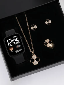 5 Stücke/Set 1 Stücke Herz-förmige LED Digital Uhr + 4 Stücke Diamant-besetzte Kleeblatt Schmuckset, personalisierte Herz-zu-Herz Kleeblumen Halskette, Ring, Ohrringe 3-teiliges Set, perfekte Geschenke für Halloween