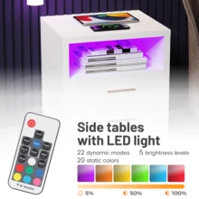 OYAJIA High Gloss Bedside Table With LED Light & Charging Station, 2/3 Drawers Sofa Side Table With 2 USB Ports, Modern Nightstand With Compact Storage For Bedroom, Living Room - White - View 5