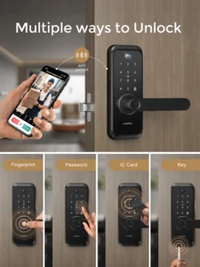 Arpha Keyless Smart Door Lock, Fingerprint Keypad Deadbolt With Handle FOB Card, APP Control Auto Lock, IP54 Waterproof, Easy Installation, Biometric Entry Bedroom Door Lock - Black - View 2