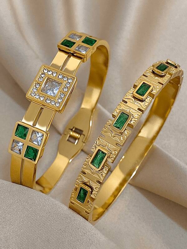 Pulsera con cierre de circonita verde esmeralda, de acero inoxidable enchapado en oro de 18k, diseño de lujo y elegante para mujeres