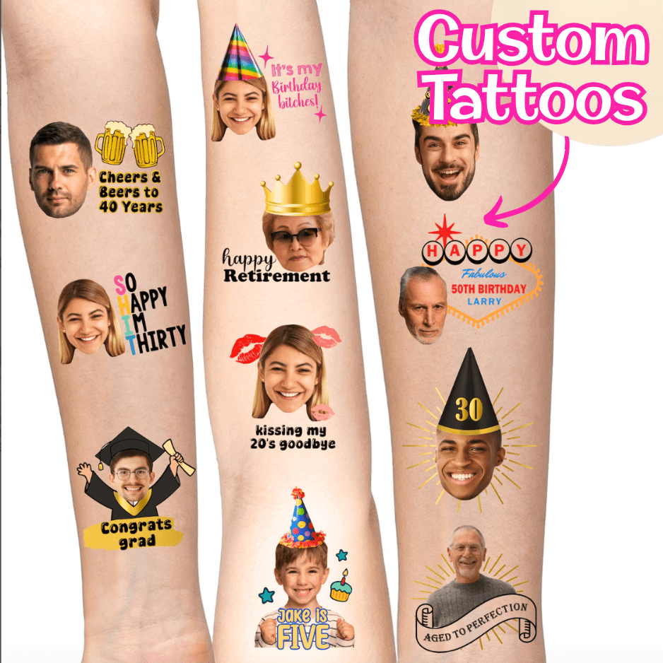 Tatuajes temporales personalizados para fiesta de cumpleaños, tatuajes temporales personalizados, tatuajes temporales faciales personalizados, lámina de tatuajes temporales, despedida de soltera, cumpleaños, ¡cualquier celebración! Regalo del Día de San Valentín, regalo para él, regalo para mamá, regalo para amigos, decoración del hogar, decoración, regalo personalizado, regalo a medida