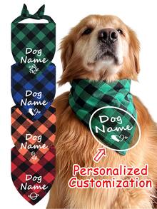 个性化多色狗狗头巾，经典格子图案派对围巾，宠物围兜，多种颜色可选，可定制信息（姓名等），圣诞礼物用品