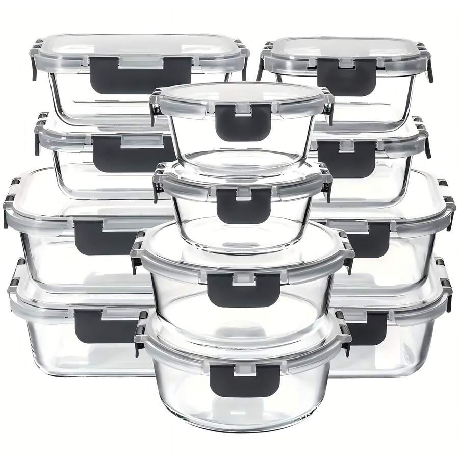 (2x37oz 2x13 Oz) & (2x33oz+2x15oz) & (2x27oz+2x10 Oz) + 12 Lids + 12 Seals Glass Food Storage Set Gray Dishwasher , Oven, Microwave, Refrigerator, And Freezer . Ideal For Dinner Preparation, Party Food Preparation, Afternoon Tea Preparation, Holiday Party Preparation, And Family Gatherings.