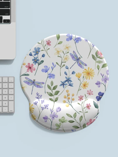 1 Pieza Alfombrilla De Ratón Con Apoyamuñecas Impresa Con Flores Blancas, Tela De Seda De Leche, Base De Goma, Adecuada Para Varios Tamaños De Ratón