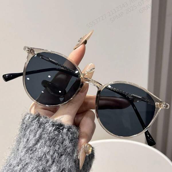 1pc Women's Round Transparent Gray Plastic & Metal Fashion Glasses, Suitable For Music Festivals, Back To School, Outdoor Activities, Summer Outfits
