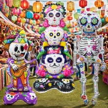 1 pezzo Nuovo Palloncino in piedi Giorno dei Morti Teschio Rock Star Impilato con Fiori, Decorazione orrore Ognissanti, Decorazione per Feste, Casa e Camera da Letto
