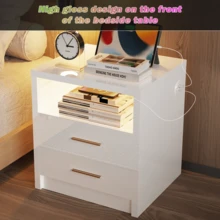 OYAJIA High Gloss Bedside Table With LED Light & Charging Station, 2/3 Drawers Sofa Side Table With 2 USB Ports, Modern Nightstand With Compact Storage For Bedroom, Living Room - White - View 9