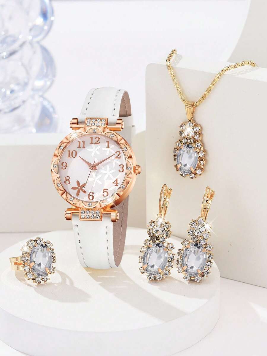 Bộ 5 món gồm dây đeo bằng da PU màu trắng dành cho nữ, mặt đồng hồ hoa văn tối giản thời trang, vạch số, đồng hồ thạch anh, dây chuyền, nhẫn và bông tai, thích hợp để đeo hàng ngày, trang trí hoặc làm quà tặng ngày lễ. - trắng - Xem 1