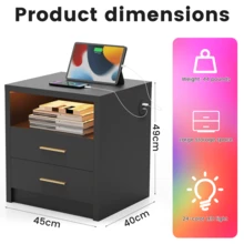 OYAJIA High Gloss Bedside Table With LED Light & Charging Station, 2/3 Drawers Sofa Side Table With 2 USB Ports, Modern Nightstand With Compact Storage For Bedroom, Living Room - Black - View 4