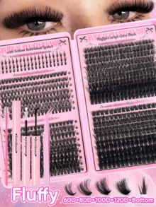 745PCS/280PCS Dramatic C/D-Curl 7-16MM Mix DIY Lash Extension Kit Set DIY Bottom Lashes Eyelashes Book Big Volume Soft Individual Cluster Lashes Create A Fluffy Natural Wispy Y2k Butterfly Elements Pink Base Card Look At Home Long Lasting DIY Lashes Glue ,DIY Glue Remover,DIY Lashes Tweezers (Bottom Lashes+40D+60D+80D+100D) - 黑色 - 查看 2