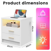 OYAJIA High Gloss Bedside Table With LED Light & Charging Station, 2/3 Drawers Sofa Side Table With 2 USB Ports, Modern Nightstand With Compact Storage For Bedroom, Living Room - White - View 4