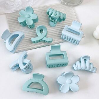 10pcs Set Summer Sky Blue Cute Matte Plain Floral Wave Semi-Circular Square Cross Adorable Small Hair Claw Clips For Bangs And Ponytails