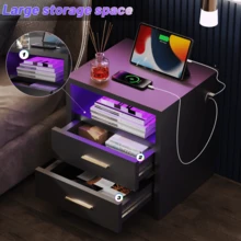 OYAJIA High Gloss Bedside Table With LED Light & Charging Station, 2/3 Drawers Sofa Side Table With 2 USB Ports, Modern Nightstand With Compact Storage For Bedroom, Living Room - Black - View 7