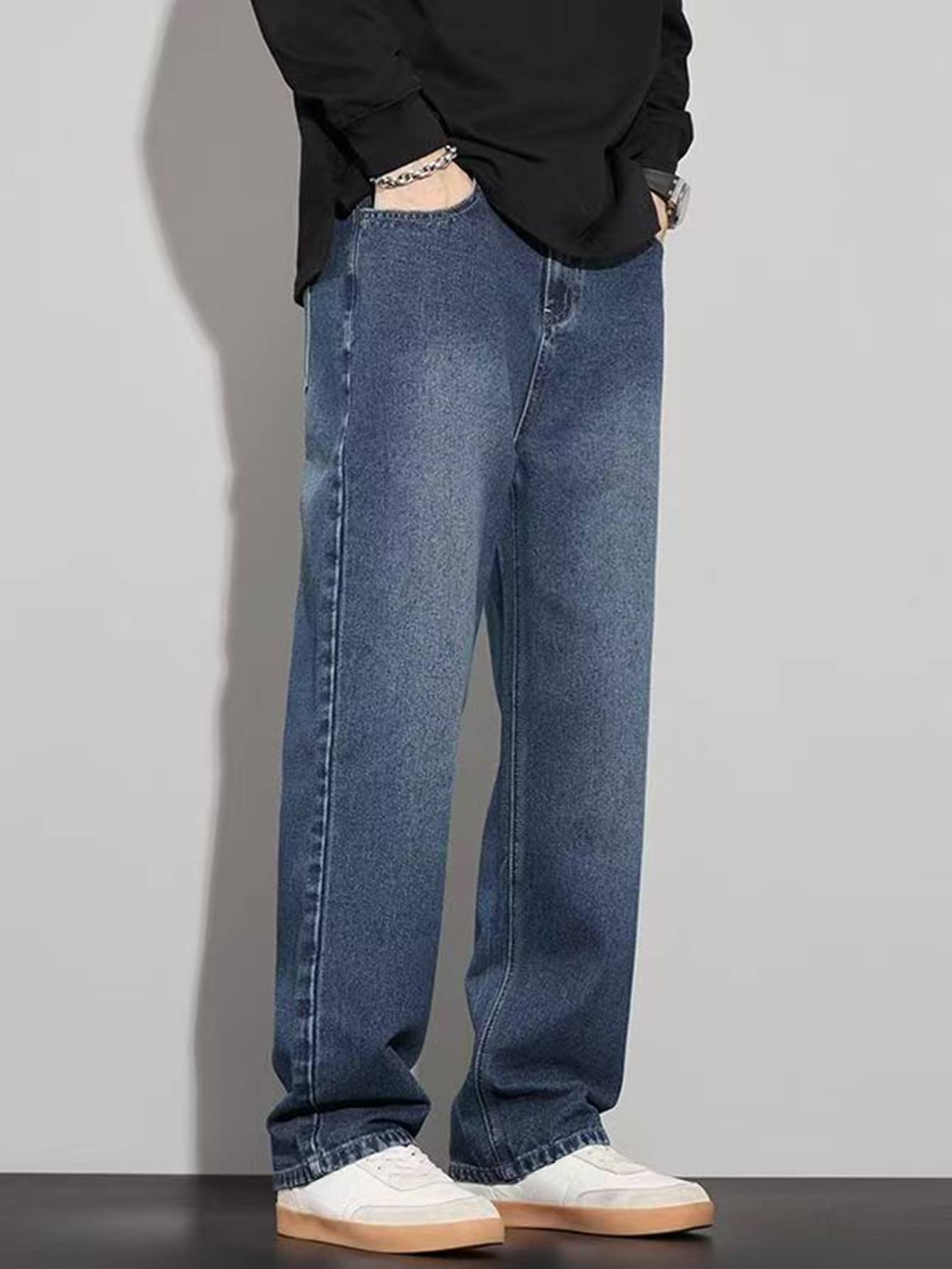 Teenage All-Match Denim Jeans, Boys' Casual Loose Straight Leg Pants, Suitable For All Seasons - Medium Wash - View 1