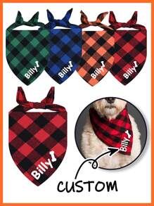 个性化多色狗狗头巾，经典格子图案派对围巾，宠物围兜，多种颜色可选，可定制信息（姓名等），圣诞礼物用品