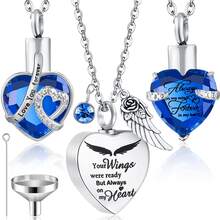 3 件夏季火葬心形骨灰盒项链骨灰首饰女士海洋水晶项链防水纪念吊坠不锈钢纪念品带天使翅膀 - 藍色 - 查看 1