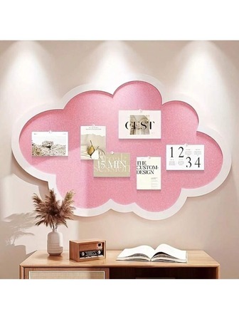 粉色云朵造型公告板 - 采用涤纶毛毡材质，饰以可爱兔子图案，椭圆形留言/照片展示板，适合创意卧室或客厅装饰，照片展示板 | 现代公告板 | 软质留言板，卧室墙面装饰
