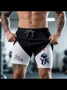 Unisex Anime Print 3 In 1 Beach Shorts,Versatile Wear For Weightlifting/Yoga/Running,Gym Clothing Shorts,Classic Mens Pocket Shorts,Shorts Men,Activewear,Casual Athletic Sport Short,High Stretch Sport Short,Quick Dry Swim Trunk,Comfortable Short,Workout Clothes - 白色 - 查看 2