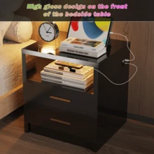 OYAJIA High Gloss Bedside Table With LED Light & Charging Station, 2/3 Drawers Sofa Side Table With 2 USB Ports, Modern Nightstand With Compact Storage For Bedroom, Living Room - Black - View 8