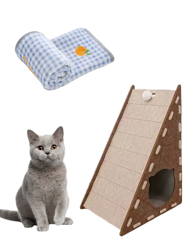 2pcs/Set Large Multi-Functional Felt Cat Scratch Board, Cat House, Cat Climbing Frame Set, Double-Layer Cat Cabin, New Pet Bed, Durable Anti-Shedding Cat Scratching Pad, Plush Cat Toy Ball, Cat Interactive Toy, Cat Essentials
