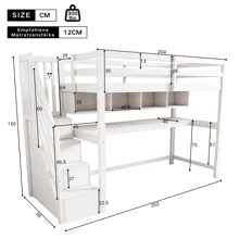 Sairedel Kinderhochbett mit Stauraumtreppe 90*200cm, Massivholz+MDF, Etagenbett, Kinderbett mit großen Schreibtisch und Regalen,