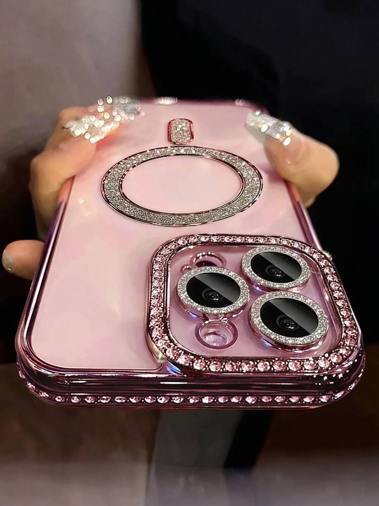 CteGlodrix Nueva funda de teléfono transparente de lujo con diamantes brillantes, adecuada para iPhone 16/15/14 Plus/13/12/11 Pro Max, cubierta trasera magnética con carga inalámbrica - Plateado - Añade 1