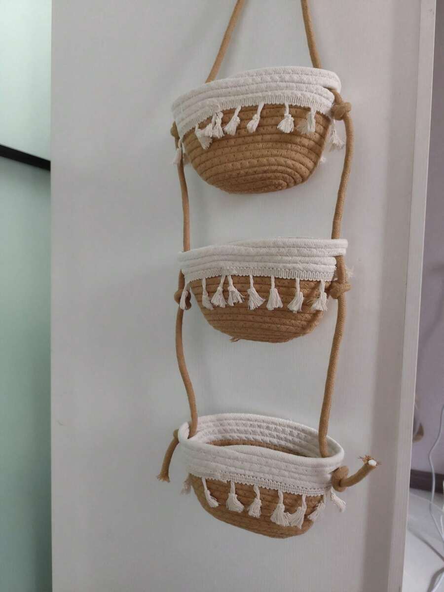 1pc 3-Tier Tasseled Storage Hanging Basket, Handmade Rope Organizer For Kitchen, Living Room, Bedroom, Bathroom, Home Decor - Multicolor - View 1