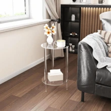 1 套透明圆形亚克力边桌，2/3 层现代小咖啡桌床头柜，适用于客厅、卧室和浴室，简约 - 透明 - 查看 5