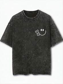 超大复古黑色棉质 T 恤，带有笑脸印花，宽松剪裁，时尚设计 - 黑色 - 查看 3