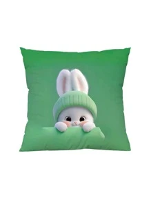 1 pieza Funda de cojín cuadrada suave con cremallera, con diseño de rabí blanco y verde, para decoración de sala de estar de sofa por un lado sin núcleo de peluche
