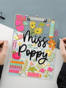 1pc Customized Text Teacher Clamp, Personalized Customize Name Acrylic File Board, Customized Style Flower Teacher Clipboard, Hand Painted Stationery Flower Pattern, Personalized Teacher Appreciation Gift, Year End Gift, Teacher Supplies,For School Supplies,Back To School