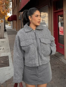 HZXVIC Women's Autumn New Solid Color Zipper Casual Large Pocket Commuter Jacket - Grey - View 11