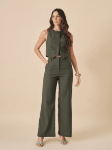 Linen Set With High Collar Vest And Pants With Lined Button Details - 墨綠色 - 查看 1