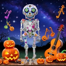 1 pezzo Nuovo Palloncino in piedi Giorno dei Morti Teschio Rock Star Impilato con Fiori, Decorazione orrore Ognissanti, Decorazione per Feste, Casa e Camera da Letto