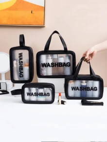 1 pezzo Borsa da toilette da viaggio in PVC trasparente rosa + pelle, organizer trasparente per il trucco da donna, borsa impermeabile per la conservazione dei cosmetici, adatta per la cura della pelle e il trucco da donna per la spiaggia/viaggio, per vacanze, bagno, camera da letto, grande capienza