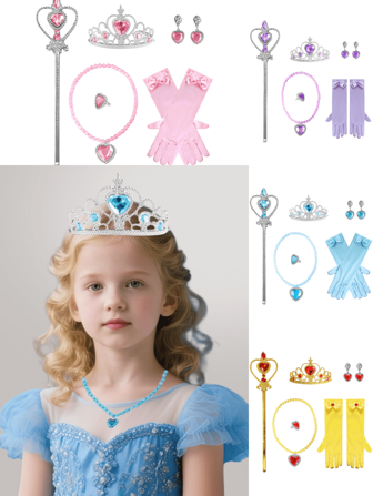 8 件公主装扮派对配饰适合公主服装头饰皇冠手套头饰魔杖项链耳环套装，适合演出